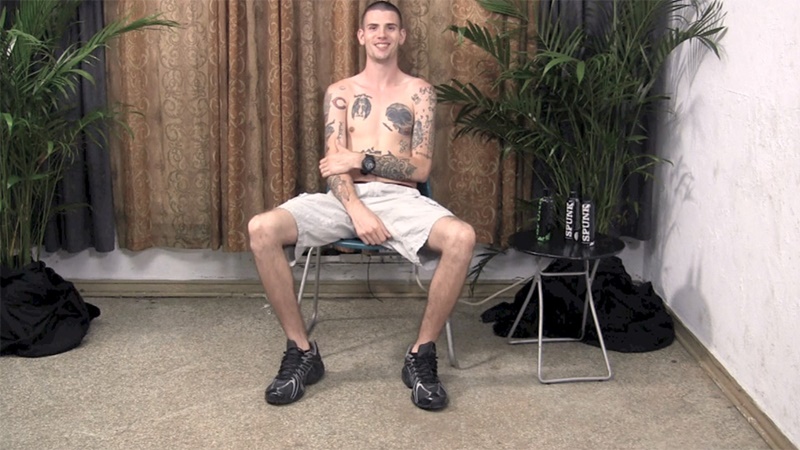 800px x 450px - Aaron Donlough strokes his huge cock until he unloads all over the floor  and his feet â€“ Naked Big Dick Men