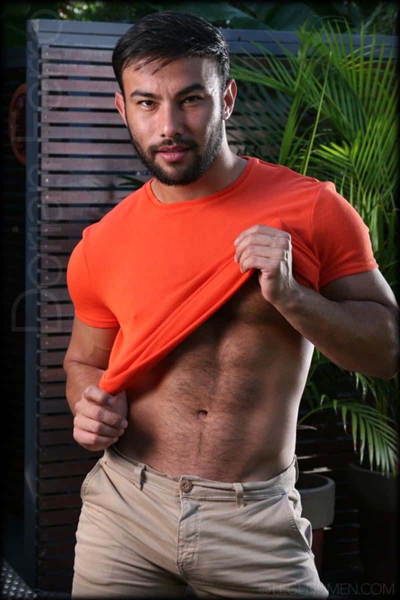 Hairy Latin Dick - Sexy hairy muscle Latin stud Dorian Ferro strips out of his tight t-shirt  jerking his huge uncut cock â€“ Naked Big Dick Men