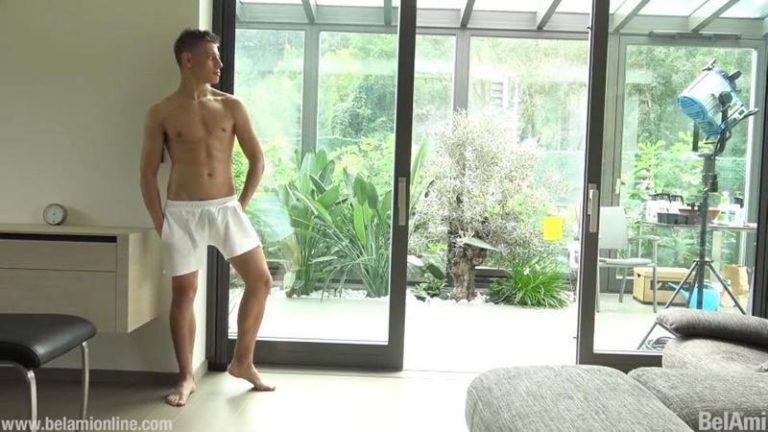 Hottie young twink Tom Gabbard strips out out of tight white shorts jerking big uncut cock 0 porno gay pics 768x432 - Young cute boy Tom Gabbard wanks his curved uncut cock jizzing all over his six pack abs